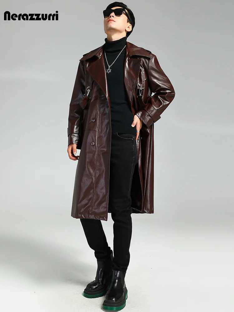 Nerazzurri Autumn Oversized Cool Brown Long Pu Leather Trench Coat Men Double Breasted Luxury Designer Punk Syle Clothes 2023T251029