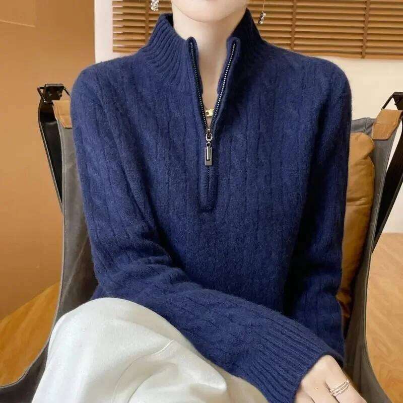 Sweater Coat Women's Autumn Winter 2025 New Half-Open Zipper Knitwear Female Loose Twisted Collar Thick Pullover Top Lady Designer Sweater Women 