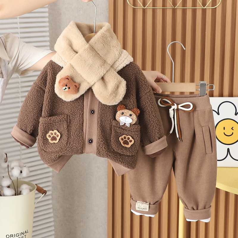 Free Shipping 2025 New Winter Clothes for Babies, Fleece Lined Bear Hooded Set with Scarf, Warm Jacket Pants for Outdoor Daily Wear