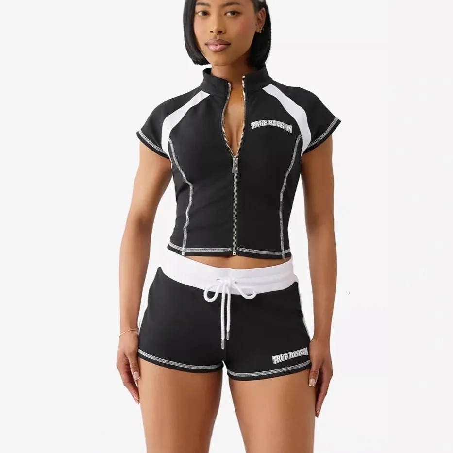 Summer European and American Street Spice Girl Style Zipper Cardigan Slim Casual Sports Shortsleeved Tshirt Top Set 251029