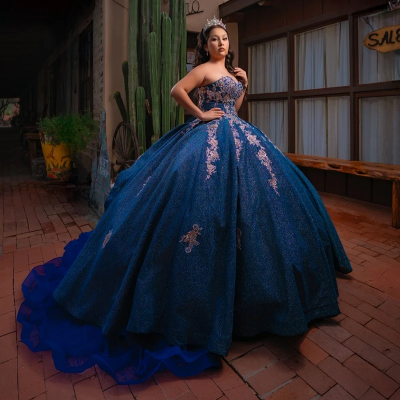 Navy Blue Shiny Ball Gown Quinceanera Dresses Off The Shoulder Applique Lace Beads Tull Party Birthday Sweet 16 Dress Vestidos