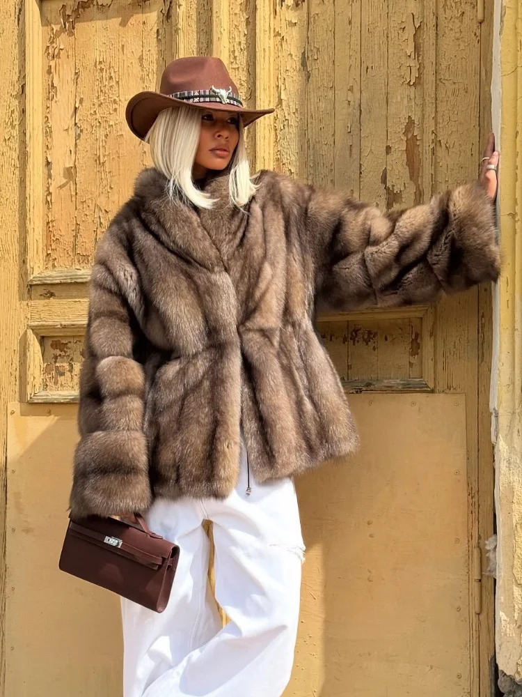 Fashion Solid Fur Coat Women Lapel Waist Cinching Long Sleeve Hidden Button Coats Lady 2025 Winter High Street Outwear 251029