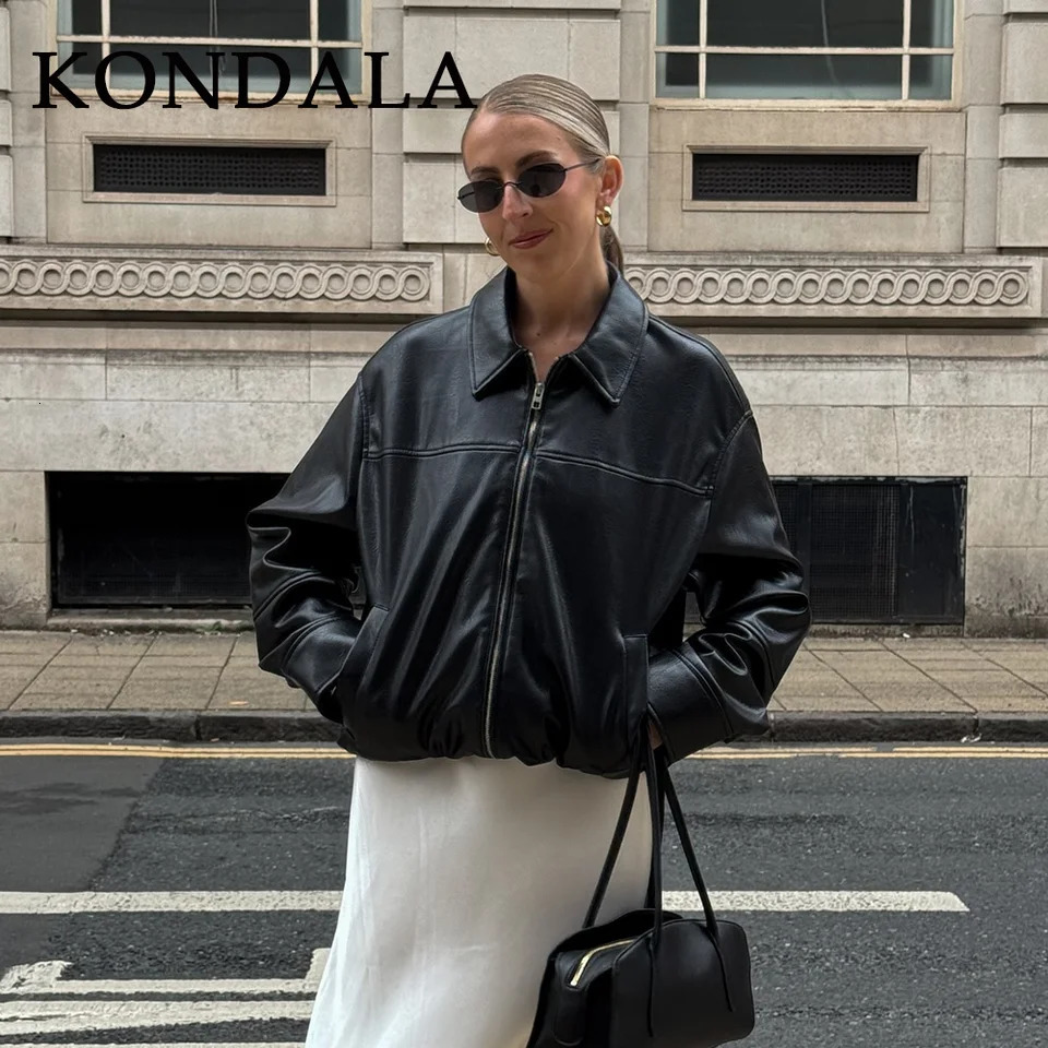 KONDALA 2025 Fall Winter Brown Business Casual Faux Leather Women Jackets Chic Vintage Spliced Zipper Christmas Ladies Jackets 251029