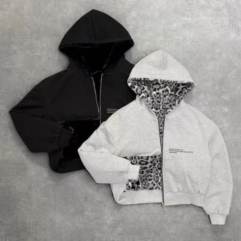 Street Hiphop Hoodie AutumnWinter Leopard Print Sport Jacket Twosided Zipper Loose Sweatshirt for Men and Women 251029