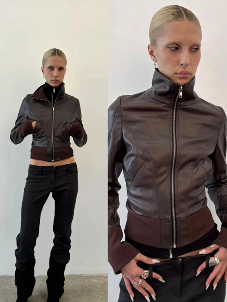 Chic Faux Leather Stand Collar Cropped Jacket Coat Womens ZipUp Ribbed Hem Slim Fit Short Outerwear 2025 Spring Autumn Outfit 251029