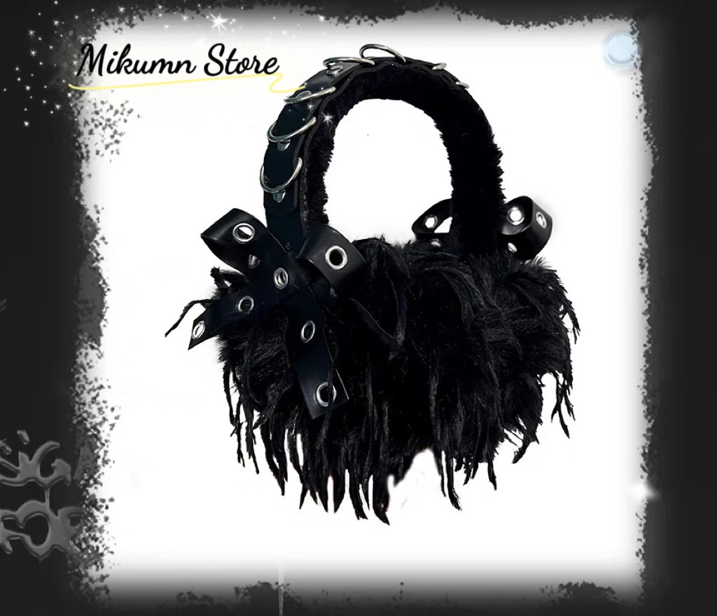 Mikumn Harajuku Women Plush Earmuffs Gothic Girls Black Furry Feather Ear Muff Punk Rivet Bow Foldable Winter Warm Earmuffs 251029