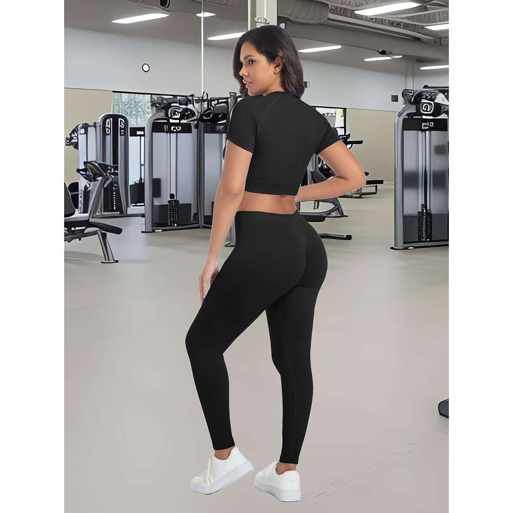 3 Sets Women's High-Waisted & Running Leggings Mid Neck Short Sleeve Workout Tops, Medium Stretch Solid Color Activewear For Gym, Training, Daily