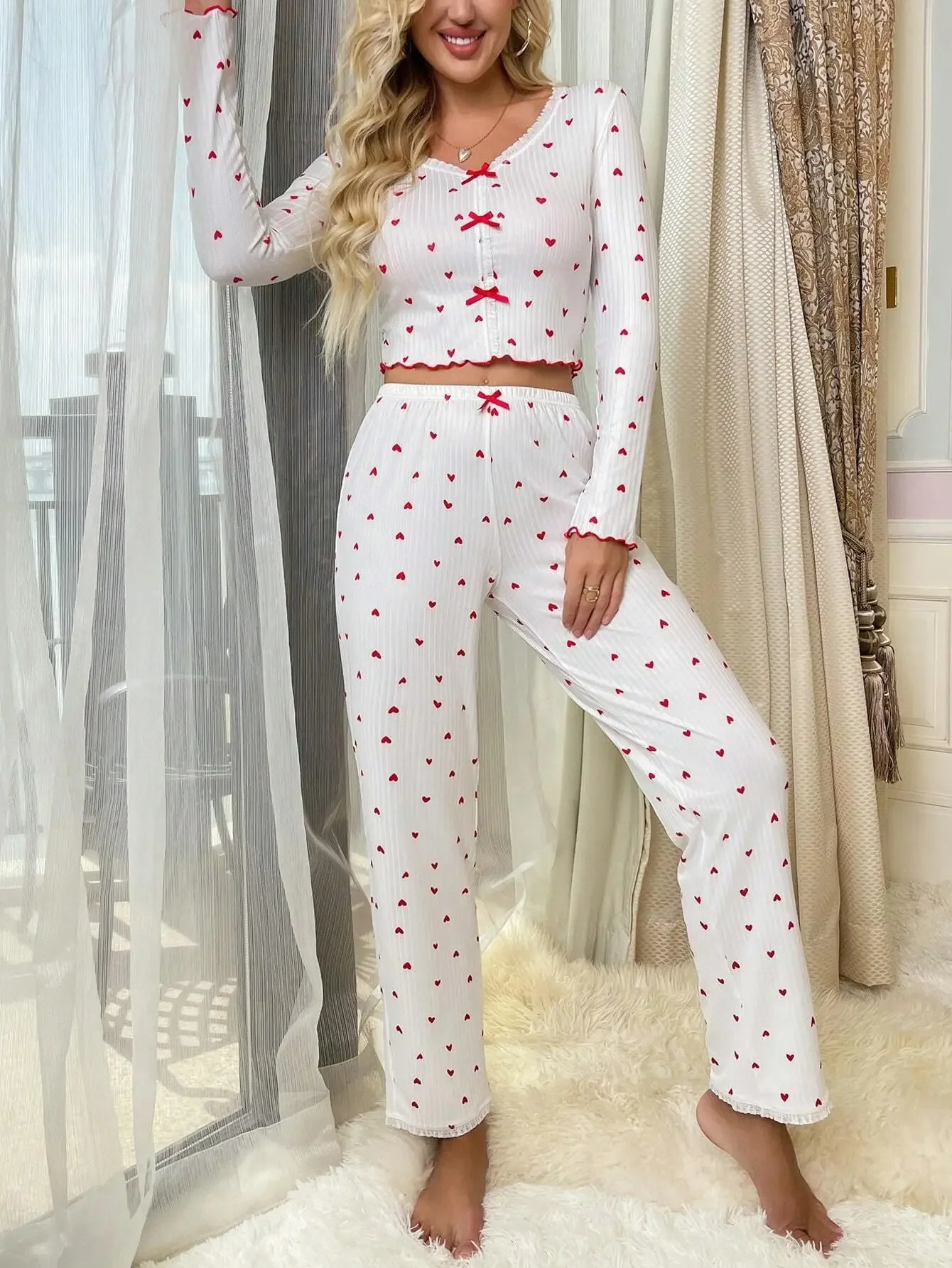 Autumn Winter Pajama Set for Women Sleepwear Knitted VNeck Heart Print Loose Tops and Elastic Long Pants Sets Loungewear 251029
