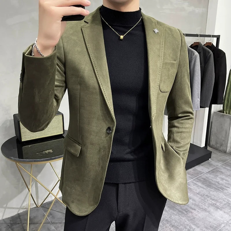 Mens Deerskin Fleece Jacket Suit Coat Blazer Business Leisure Slim Fit Fashion High Quality Single Button 251028