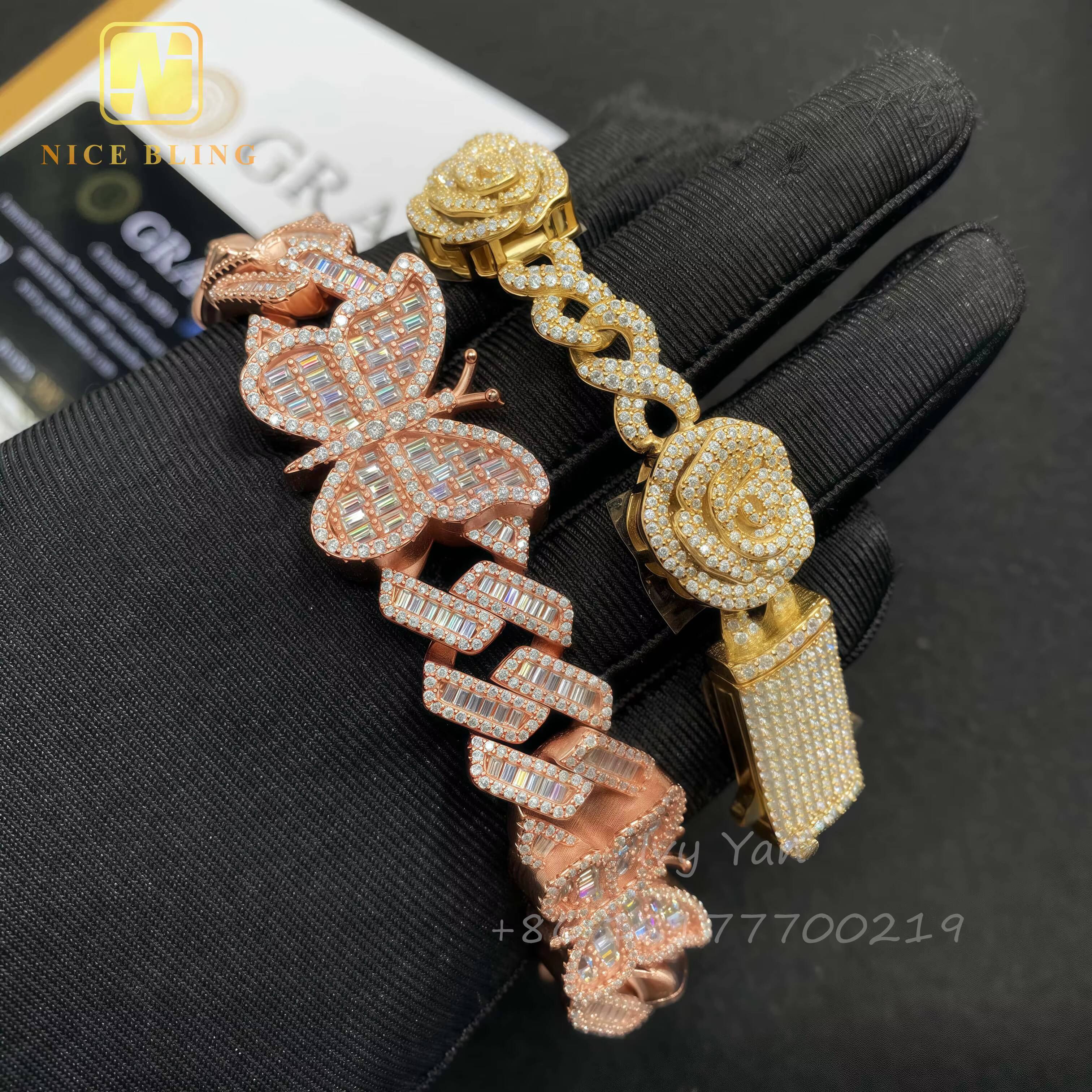 Fashion Hip Hop Jewelry Cuban Link Chain Rose Flower Butterfly Design Custom Made Iced Out 925 Silver VVS Moissanite Bracelet