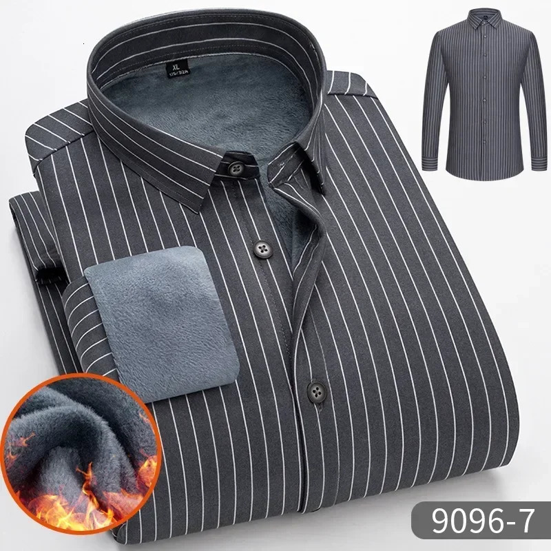 Mens Striped Long Sleeve Warm Shirts Singlebreasted Turndown Collar Business Shirt Fleece Lined Tops for Men 251029