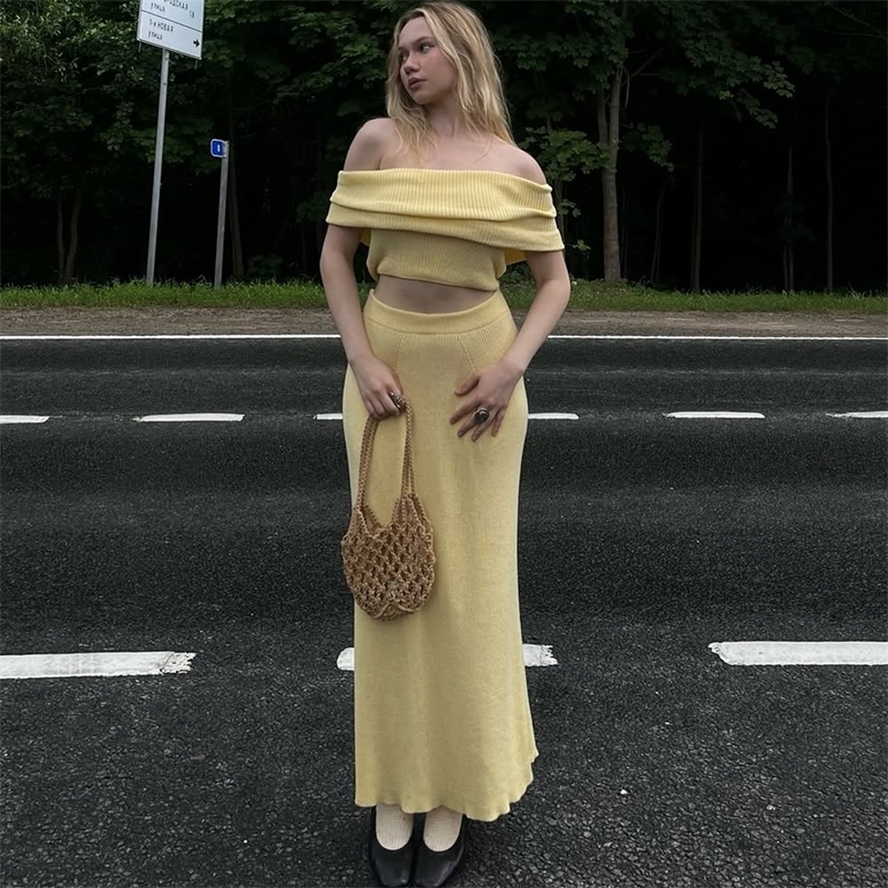 Tuularose Knitted Skirt Twopiece Set Womens Summer One Shoulder Sleeveless Top High Waist Slit Skirt Set Casual Lady Skirt Set 251028