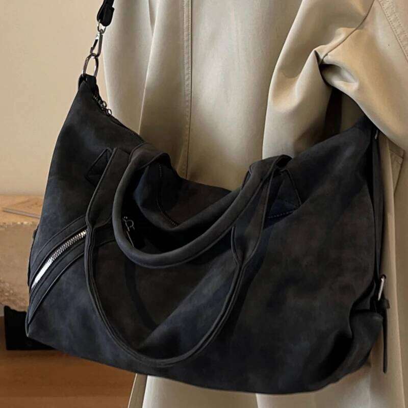 Black Large Handbag For Women Retro Nubuck Leather Serviceable Sweethearts Camp Travel Crossbody Bags Female Boston Shoulder Bag 251029