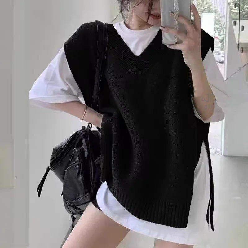 Autumn Sleeveless Women Loose Casual Vest Fashion Solid Color Elegant Vneck Knitted Top Korean Style Pullover Knitwear 251029