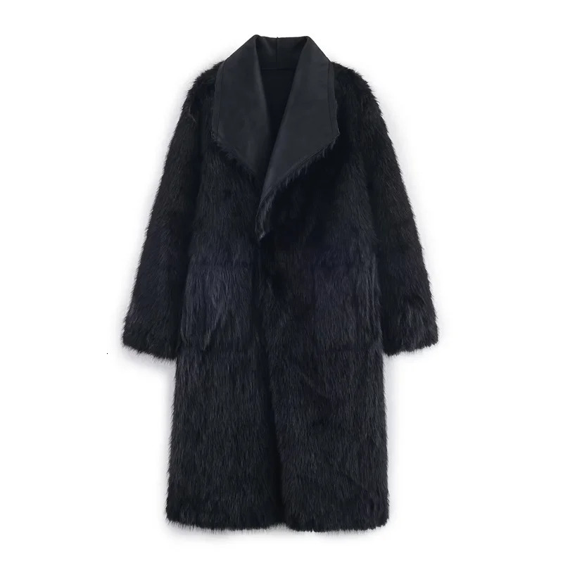 Womens Jacket Autumn Style Black LongSleeve Faux Fur Reversible Long Coat Elegant and Fashionable 251028