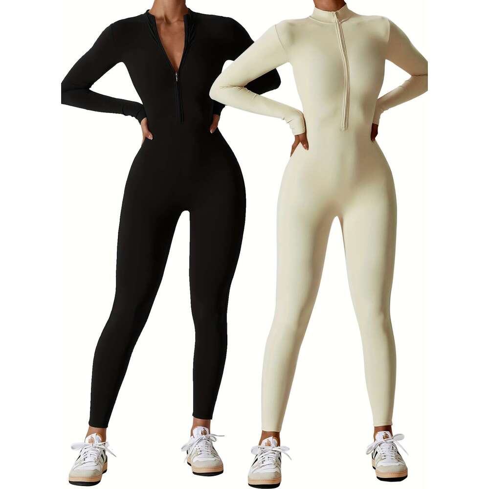 2Pcs Full-Zip Yoga Jumpsuits Full-Body Workout Bodysuits With Full-Length Zipper, High-Elasticity Full-Coverage Gym Suits For Dance, Cycling, Gymnasti
