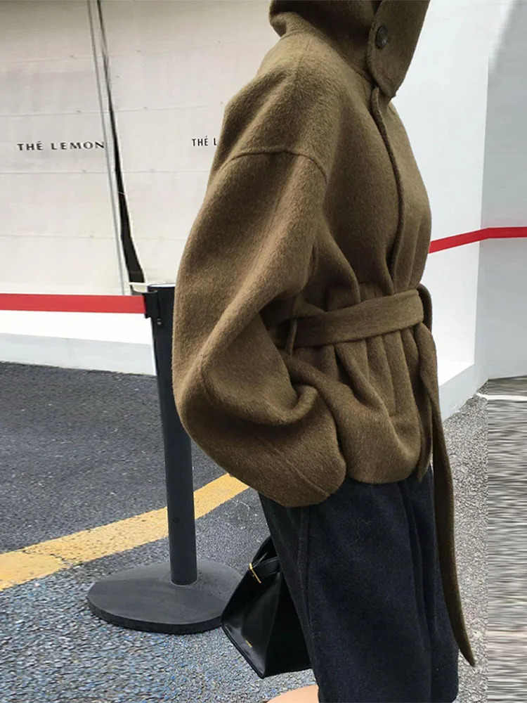 Casual Stand Collar Tweed Coat Women Retro Elegant Single Breasted Solid Belt Coats Lady 2025 Winter Classic Chic Street Outwear 251029