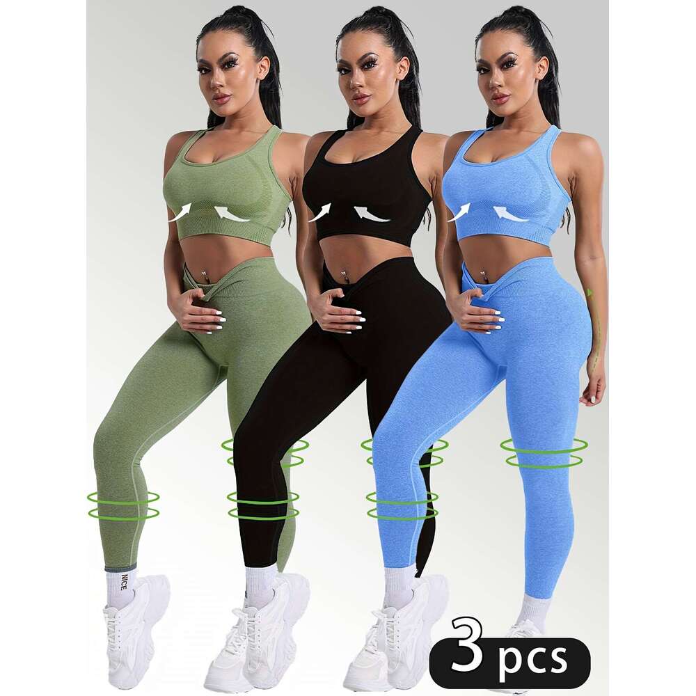 3-Pack Women'S Sports Yoga Gym Activewear Set, High Stretch Skinny Leggings with Bra, Polyamide 60%, Elastane 5%, Polyester 35%, Solid Color, All