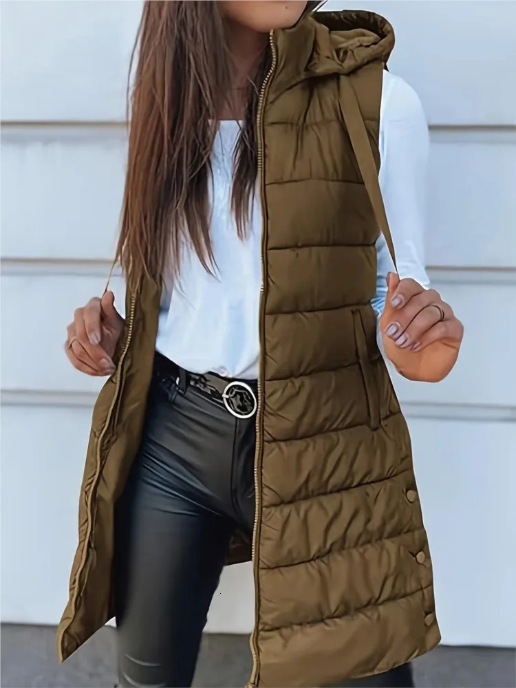 Casual Solid Color Hooded Zipper Vest Jacket For Womens Autumn Winter With Cotton Patchwork Slit Warmth Thickened Female 251027