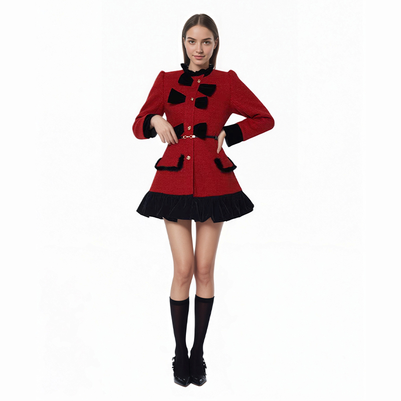 Prom Dresses Women's Red Christmas Tweed Coat Dress, Bow Detail Ruffled Hem Party Dress, Vintage-Inspired Holiday & Cocktail Wear YJY0004