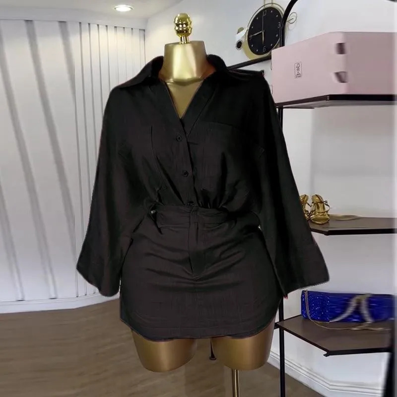 CMYAYA Fashion Womens Set Full Sleeve Turndown Collar Tshirt and Skirts Shorts Chic Two 2 Piece Sets Outfit Tracksuits 251029