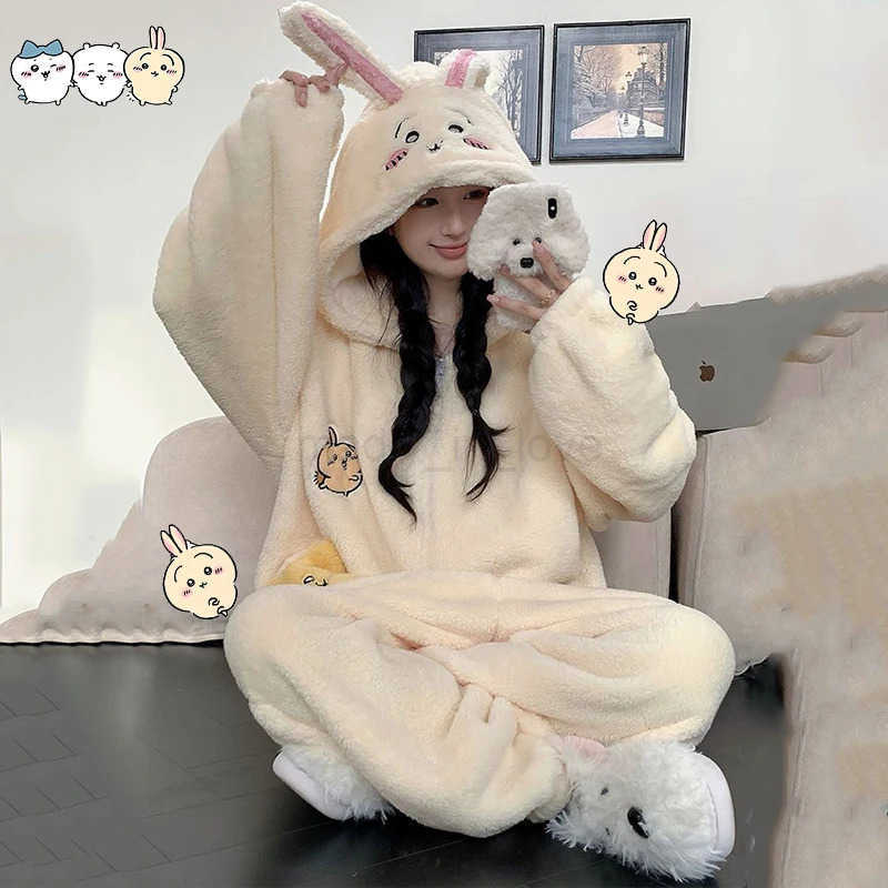 Chiikawa Usagi Onesie Winter Pajama Y2K Cute Cartoon Animal Peripheral Soft Jumpsuit Velvet Pajama Night Robe Boy Girl Suit Gift M251029