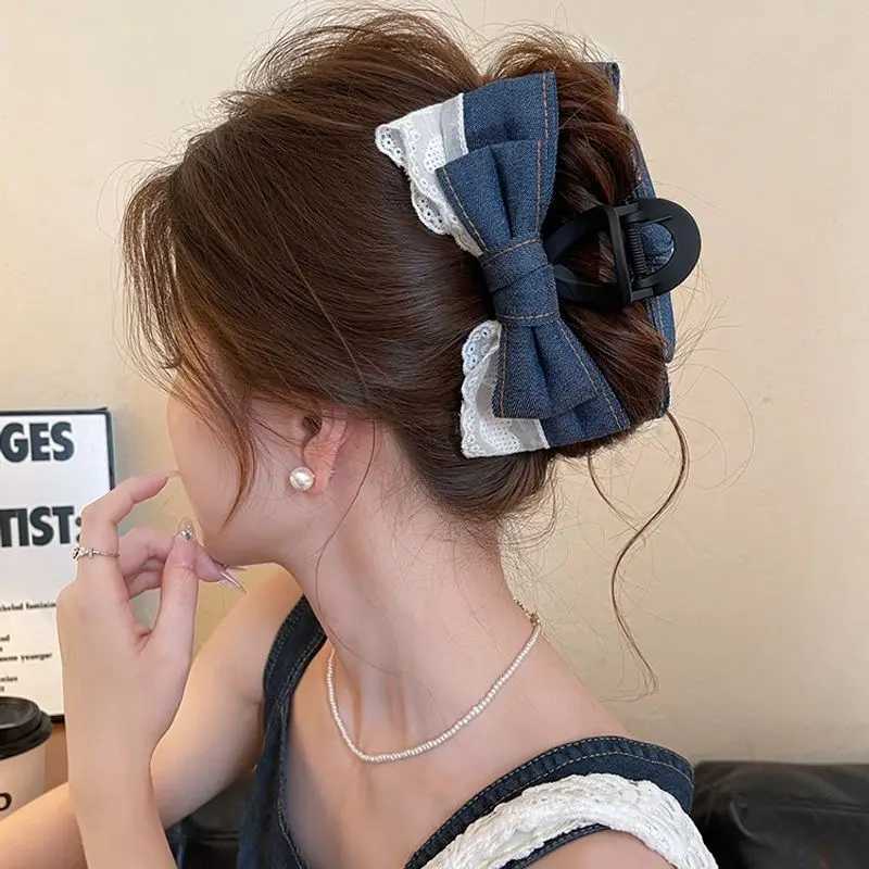 1pc Korean style fashionable denim bow clip new highend hair clip large shark clip headpiece at the back of the headW251028