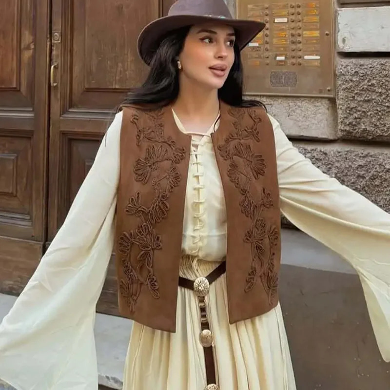 HXAO 2025 Womens Vest Crop Embroidered Vest Spring Suede Waistcoat Sleeveless Vest Cardigan Outerwear Giletes For Women 066 251029