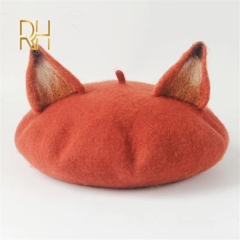 Retro Womens Cute Fox Ear Woolen Beret Caps Real Wool Casual Warm Painter Hat Handmade Nick Cat Ear Beret Hat Gift RH 251029