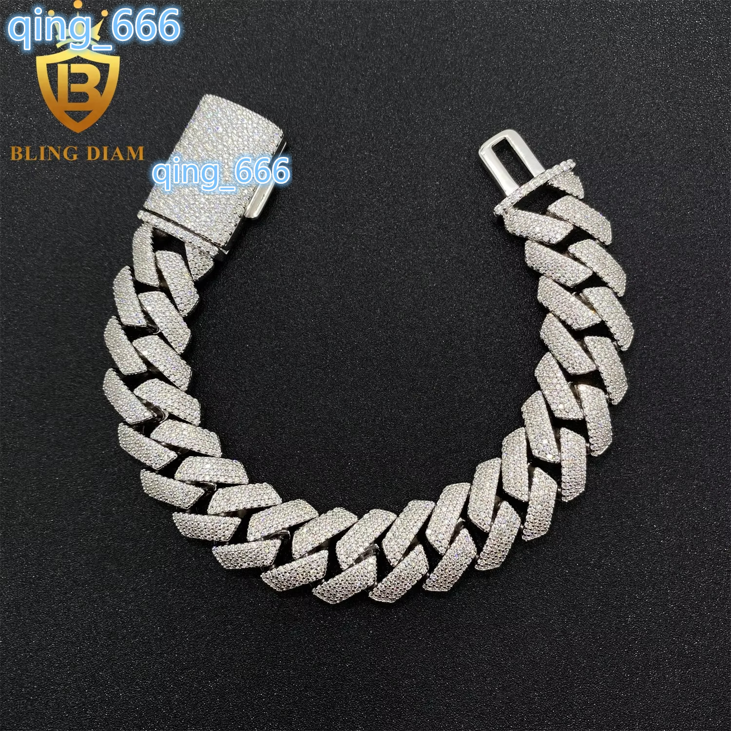Stylish 925 Silver Cuban Link Bracelet with 15MM Diamonds for Wholesale Factory Bracelet Men