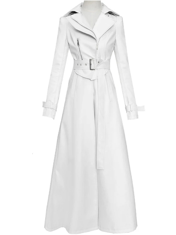 Nerazzurri Spring Runway White Long Leather Trench Coat for Women Long Sleeve Elegant fashion Womens Coats 251029