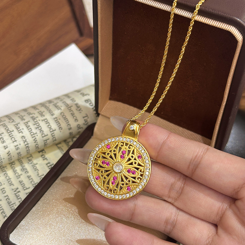 TaiYang New Gold Plated Copper Ancient Gold Sunflower Necklace, Double-Sided Full Pave Compass Pendant with Vintage Finish for Women