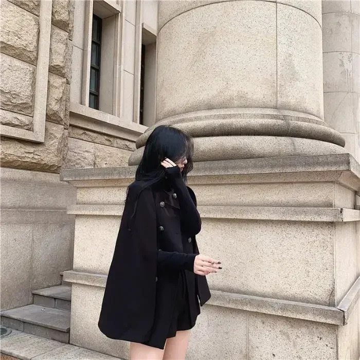 Winter black cape coat can be used with loose stand collar medium long woolen coat for women 251029