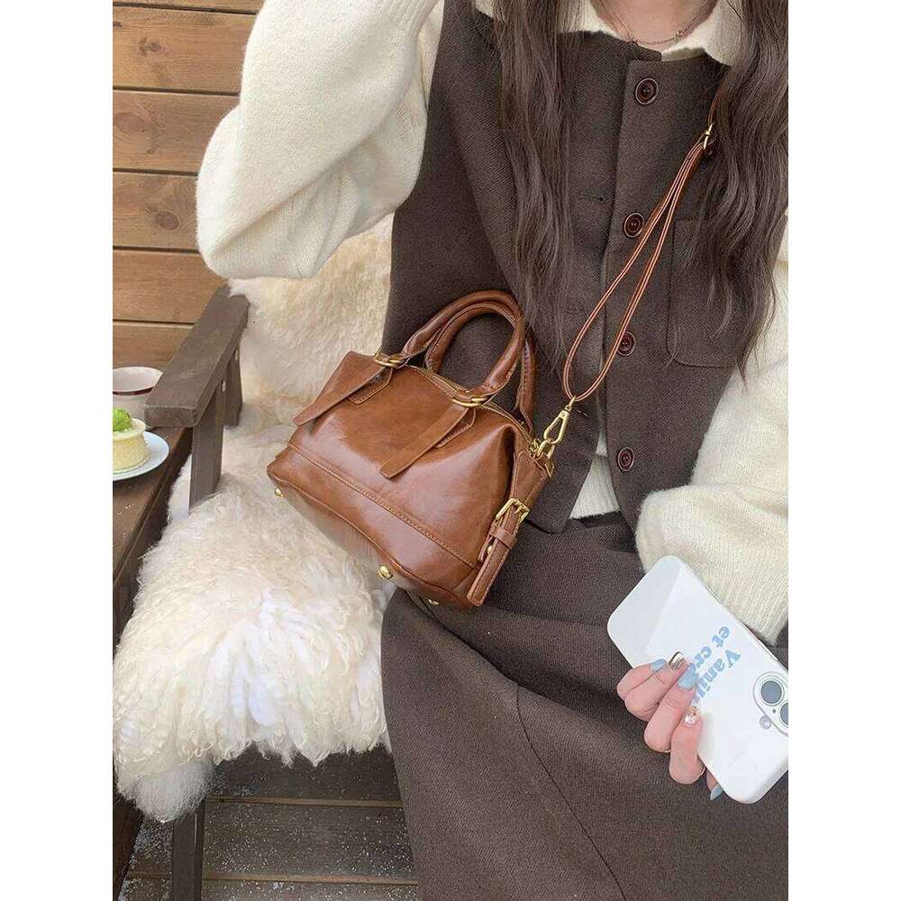 Retro Casual Women's Pillow Shoulder Bags Simple Portable Ladies Crossbody Bag Fashion PU Leather Female Bowling Purse Handbags