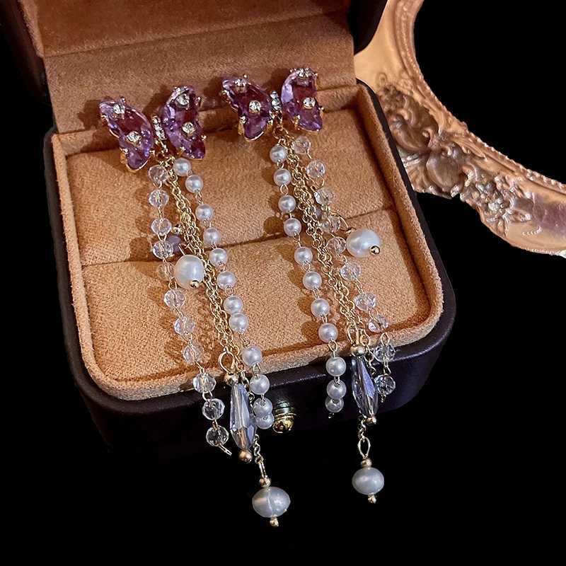 Pink Butterfly Earrings With Long Tassel Sparkly Zircon Crystal Imitation Pearl Beads Earrings Light Luxury Party Ear JewelryW251029