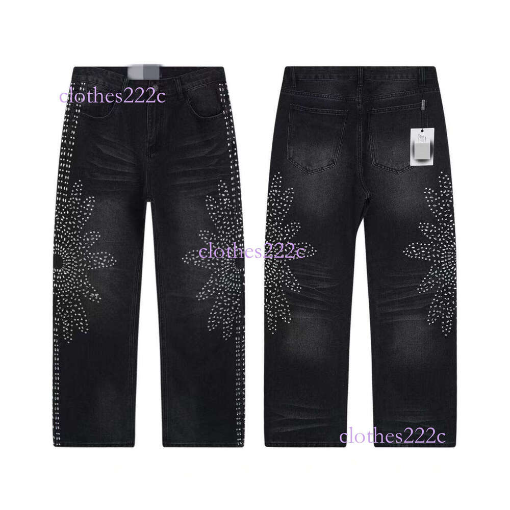 Trendy Vintage Full Rhinestone Ripped Jeans Street Style Hip Hop Long Pants Unisex
