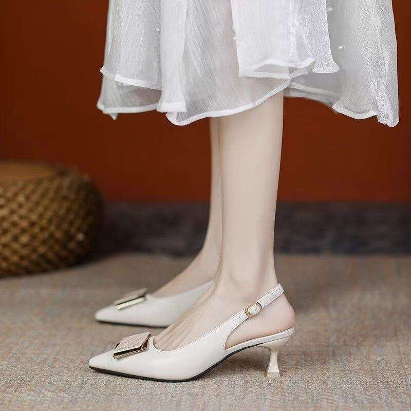 High Heels Women 2025 Autumn New Fairy Style Thin Heel Pointed Toe Work Soft Leather Square Buckle Designer Shoe Elegant Single Shoes