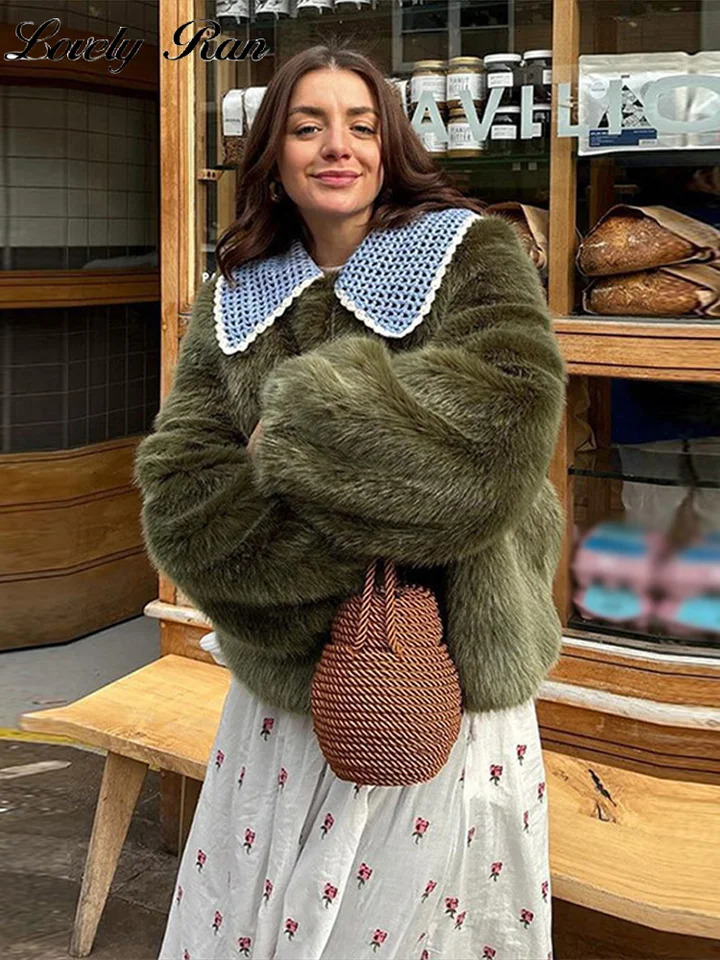 Street Faux Fur Peter Pan Collar Patchwork Women Coat Fashion Long Sleeve Button Female Jacket 2025 Autumn Winter Lady Jacket 251029
