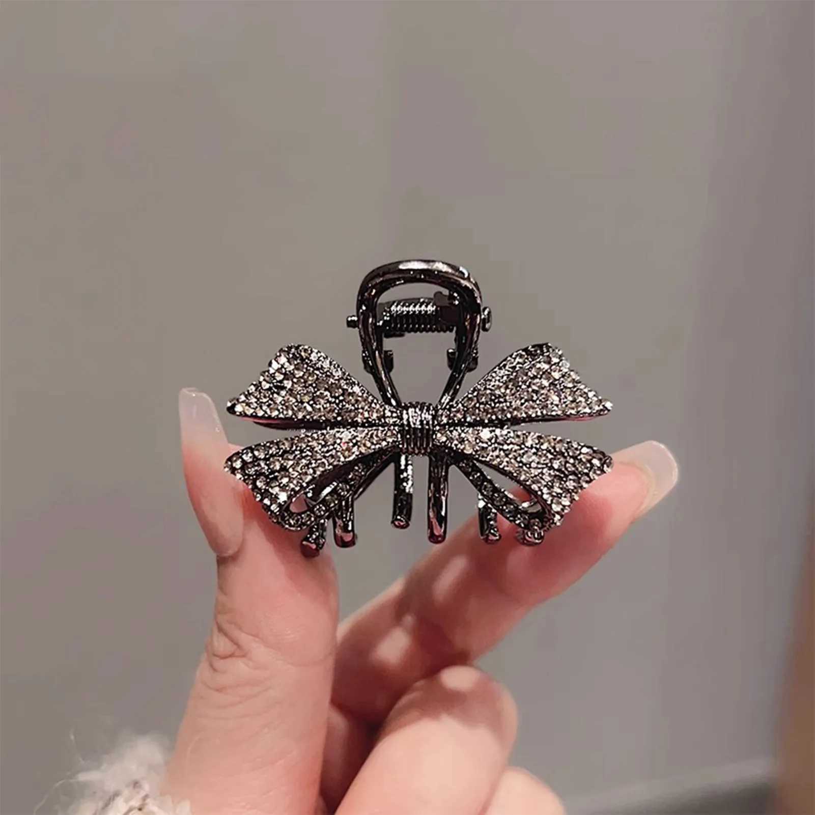 Black Bowknot Hair Claw Clip Sparkly Rhinestone Mini Simple Hairpin for Women Girls Elegant Snap Clip for Bangs Hair HolderW251028
