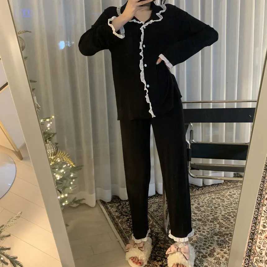 Women Ruffles Patchwork Pajama Sets Long Sleeve Tops Full Length Pants Slim Gentle Sleepwear Cozy Fashion Lounge Females PopularT251029