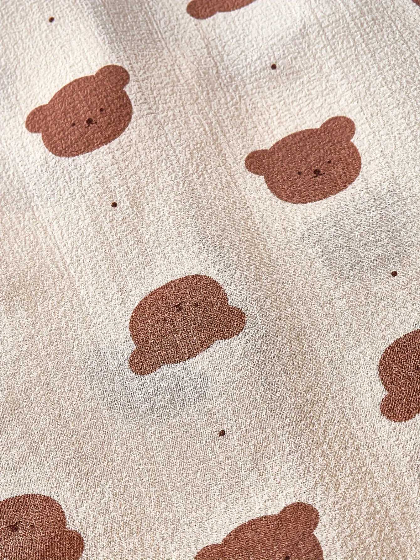 Cozy Bear Print Pajama Set for Women Long Sleeve ButtonUp Lapel Top Elastic Waist Pants Machine Washable for AutumnT251029