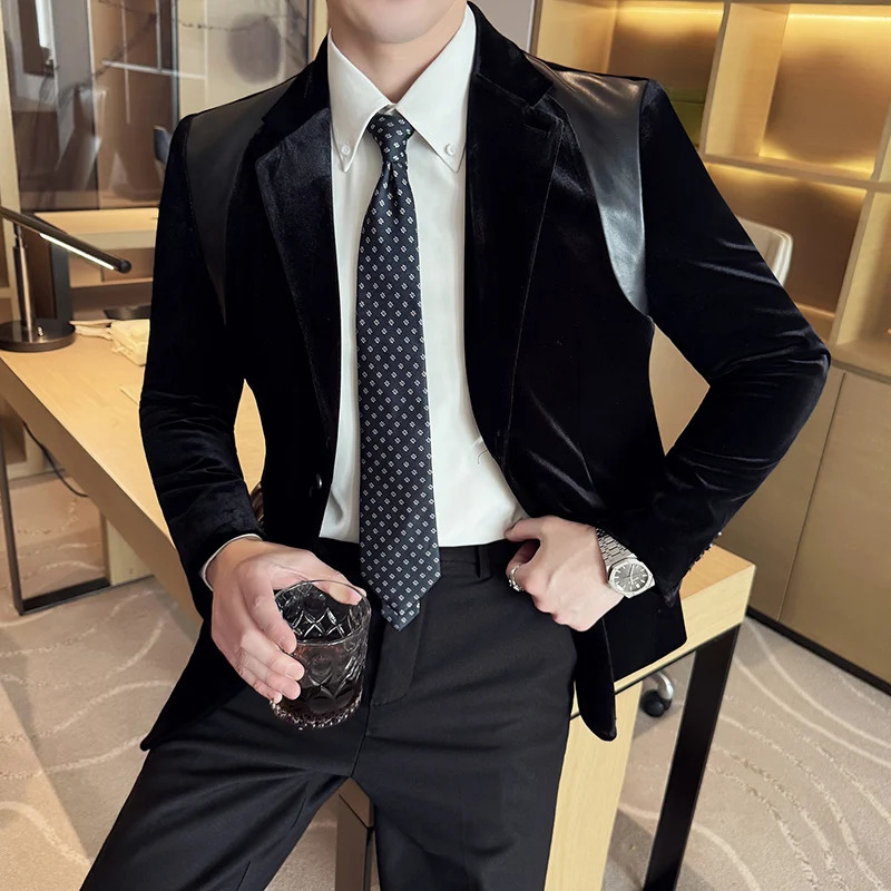 Autumn Winter Men Mercerized Velvet Slim Fit Suit Coats Fashion Leather Splicing Casual Business Formal Party Tailcoat 4XLM 251028