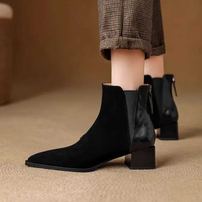 Autumn Winter Women Thick Heel Ankle Boots Elegant Back Zippers Shoes Modern Leather Suede Splicing Short Botas Para Mujer Z251029