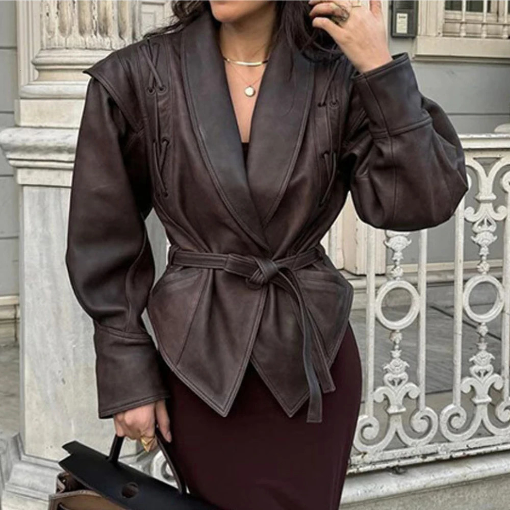 Suninheart Autumn and Winter Faux Leather Jackets for Women 2025 Dropped Shoulder Oversized Jacket Coat Belted Corset Jacket 251029