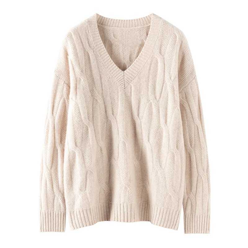 Ladies Loose Fit VNeck Knitted Wool Sweater Thick Lazy Style Australian Pure Wool Long Sleeve Autumn Winter New Arrival J251029