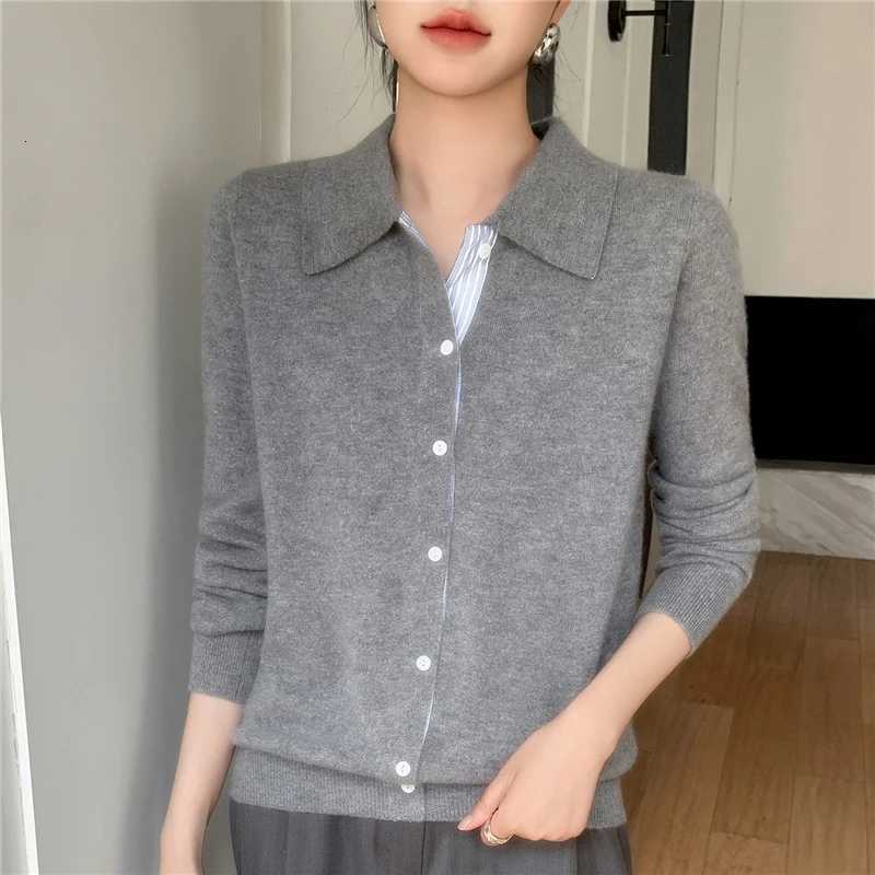 Womens Polo Collar Shirt Cardigan Merino Wool Sweater Longsleeve Color Bar Clothing Spring Autumn Warm Knitwear Female TopT251028