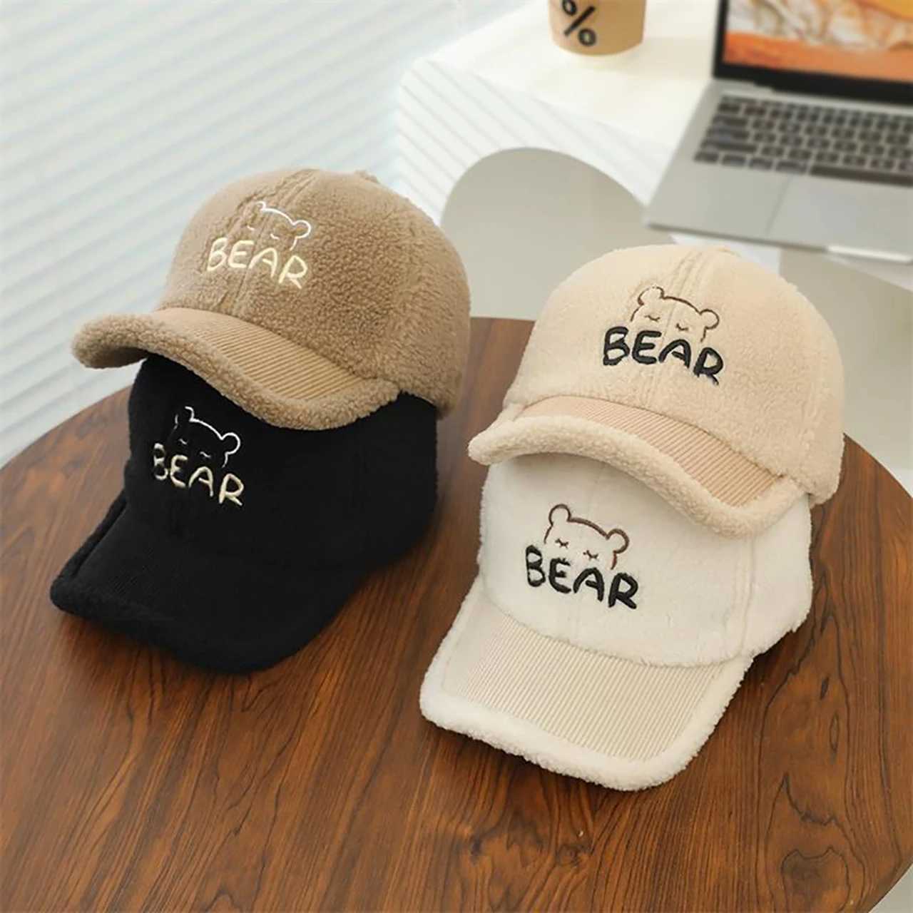 Autumn Winter Kids Plush Basebal Hat Bear Embroidered Baby Duck Tongue Cap Lamb Fleece Children Peaked Caps 28Year Warm Visors251028