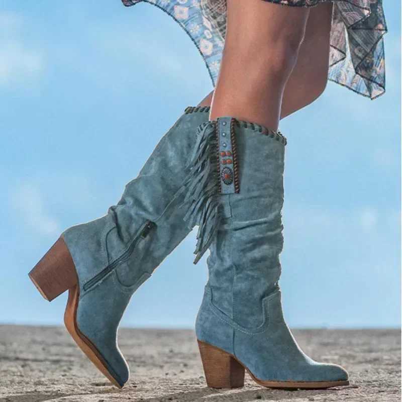 Retro Womens High Heel Boots Metal Buckle Pointed Toe Thick Heel Tassel Western Cowboy Women Boots 2025 Large Size Womens Shoes Z251029