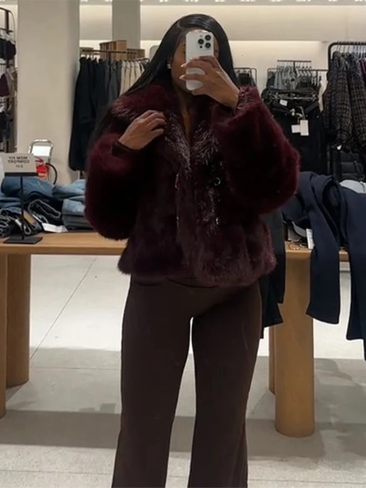 Elegant Burgundy Red Fur Coat Women Loose Warm Lapel Lace Up Full Sleeve Coats Female Chic Thicken Belt Winter Outwear Lady 251029