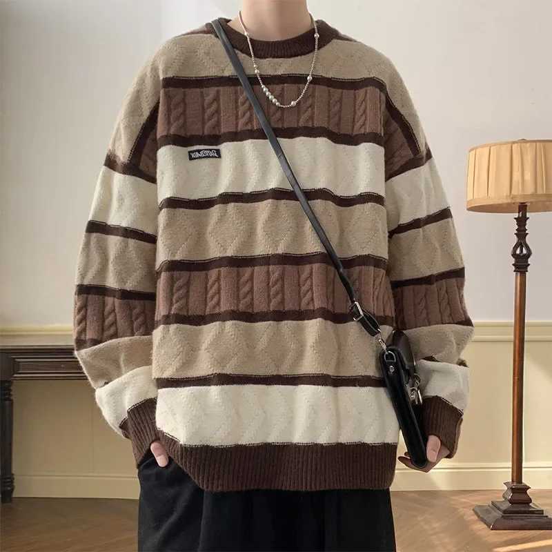 Japanese Style Vintage Color Blocking Cable Knit Striped Round Neck Sweater For Men And Women Winter Warm Preppy Thickened Knit J251029
